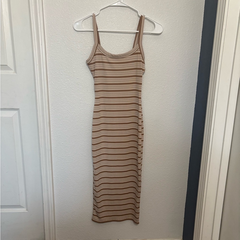Fashion Nova Tan and Brown Striped Midi Dress